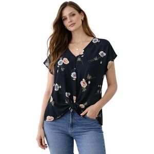 West Kei Floral Twist Front Blouse Women XSP Black Excellent Chiffon V-Neck Top